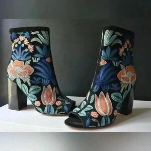Rebecca Minkoff Black Teal Peach Billie Floral Embroidered Peep Toe Boot Sz 6.5
